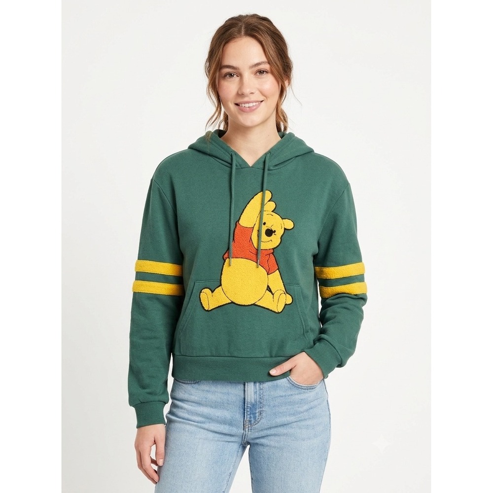 Disney Winnie the Pooh Chenille Patch Hoodie Teal Green Yellow Stripes Large